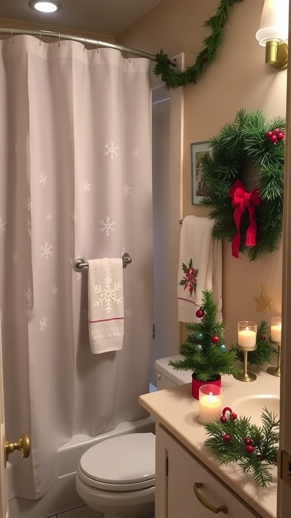 A Christmas-themed bathroom with festive decor including a shower curtain, towels, and a small tree.